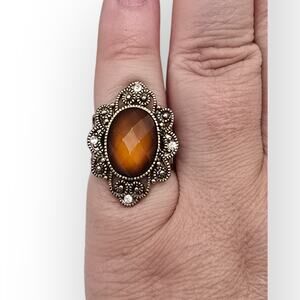 Amber Brown Faceted Filigree Scroll Gold Ring Victorian Revival Romantic Gothic